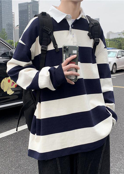 Spring Button Polo White Cotton Shirts Striped Mens FashionChic