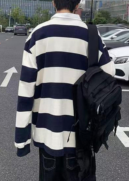 Spring Button Polo White Cotton Shirts Striped Mens FashionChic