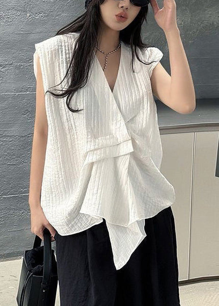 Design Striped Cotton Vests White Asymmetrical Sleeveless FashionChic