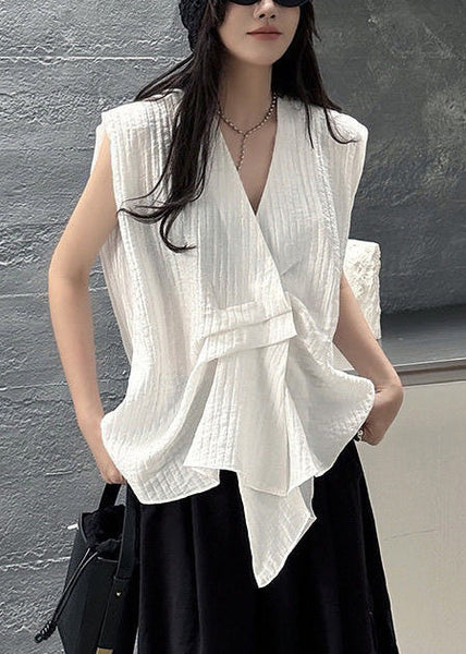 Design Striped Cotton Vests White Asymmetrical Sleeveless FashionChic