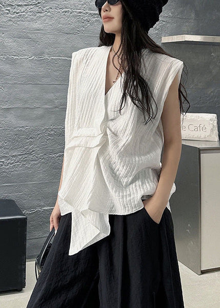 Design Striped Cotton Vests White Asymmetrical Sleeveless FashionChic