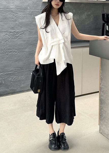 Design Striped Cotton Vests White Asymmetrical Sleeveless FashionChic