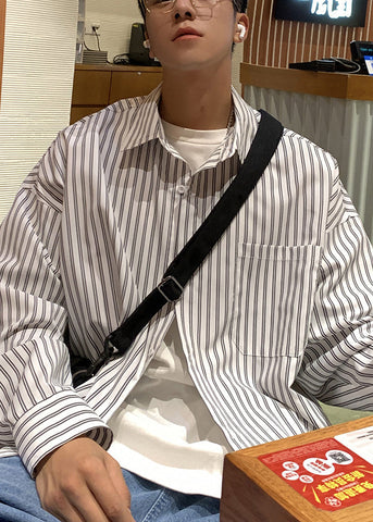 Shirt Collar White Striped Spring Mens Cotton Pockets Peter Pan FashionChic