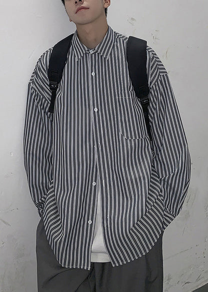 Shirt Collar White Striped Spring Mens Cotton Pockets Peter Pan FashionChic