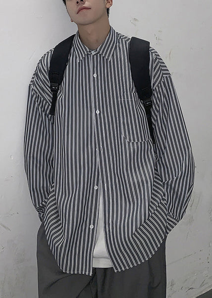Shirt Collar White Striped Spring Mens Cotton Pockets Peter Pan FashionChic
