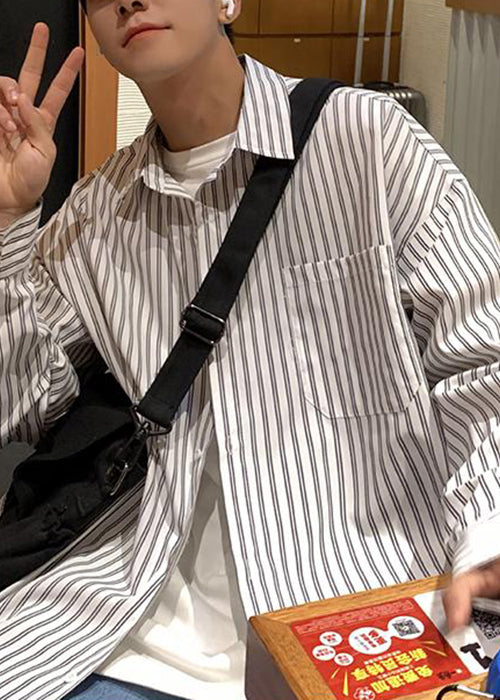 Shirt Collar White Striped Spring Mens Cotton Pockets Peter Pan FashionChic