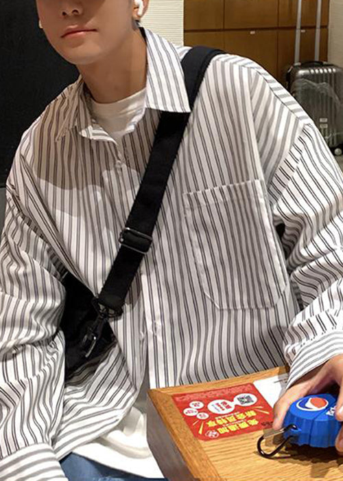 Shirt Collar White Striped Spring Mens Cotton Pockets Peter Pan FashionChic