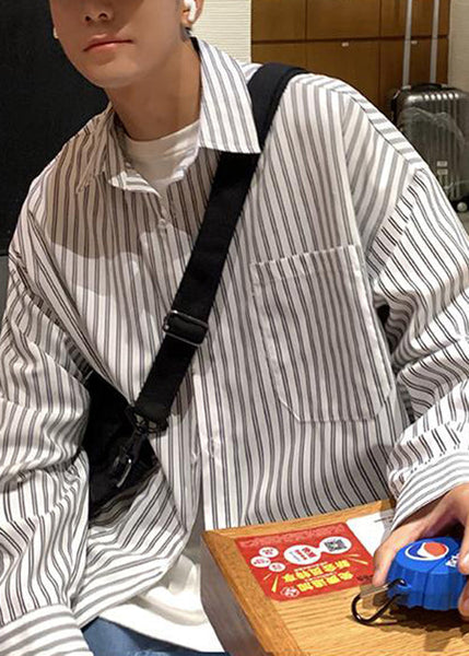 Shirt Collar White Striped Spring Mens Cotton Pockets Peter Pan FashionChic