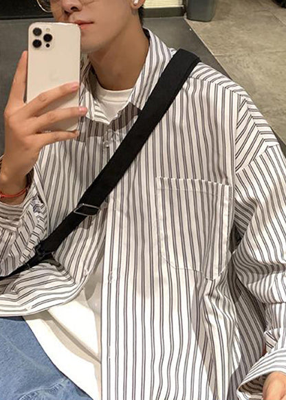 Shirt Collar White Striped Spring Mens Cotton Pockets Peter Pan FashionChic