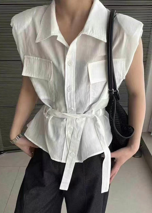 White Tie Collar Cotton Blouses Pan Peter Summer Waist FashionChic