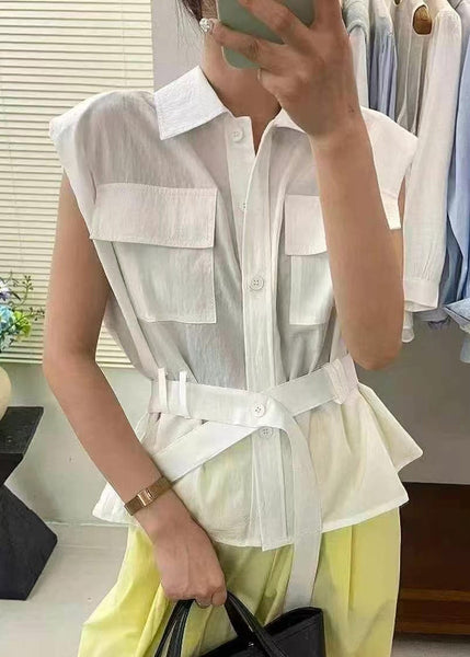 White Tie Collar Cotton Blouses Pan Peter Summer Waist FashionChic