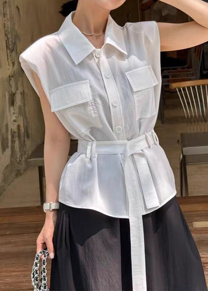 White Tie Collar Cotton Blouses Pan Peter Summer Waist FashionChic