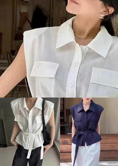White Tie Collar Cotton Blouses Pan Peter Summer Waist FashionChic