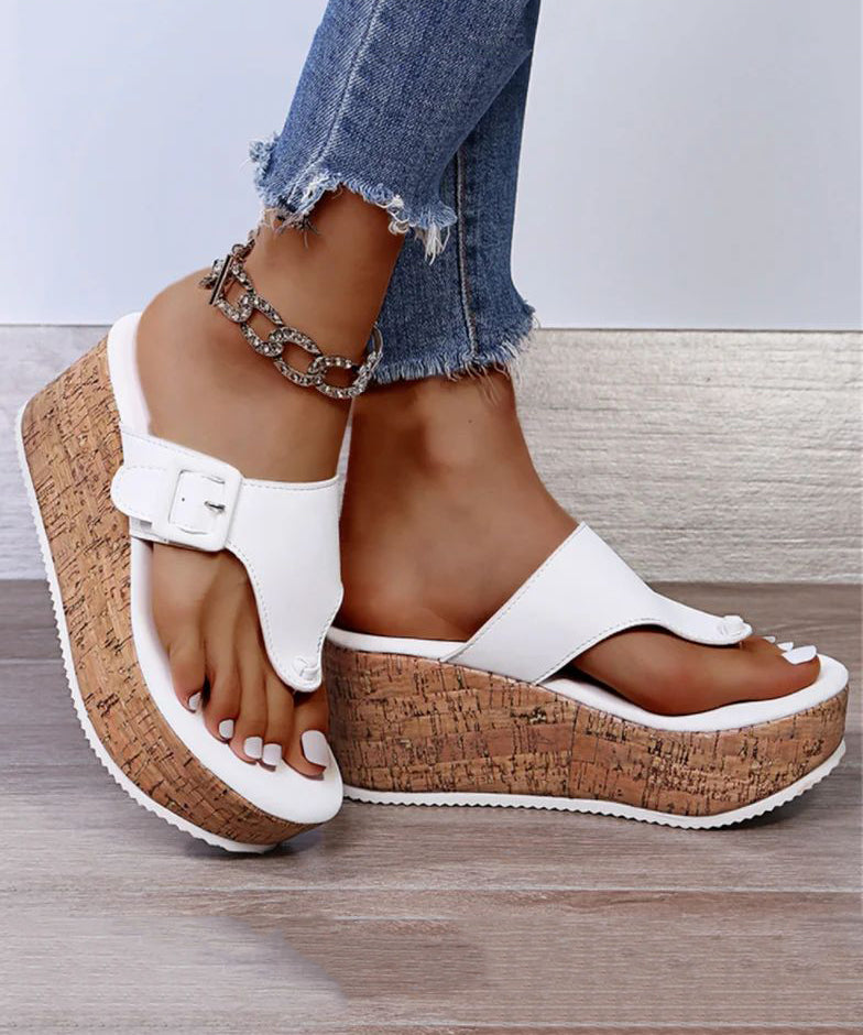 White Wedge Heels Boho Splicing Flip Flops Slide Sandals UU007 OM-XZ240821