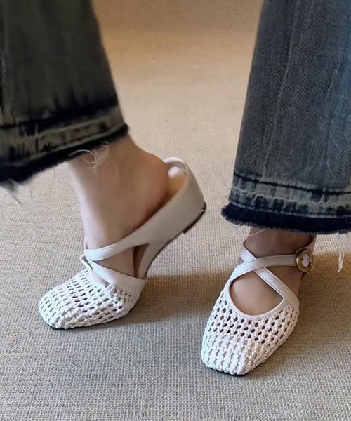 Slide Splicing Sheepskin Sandals Wedge Elegant White FashionChic