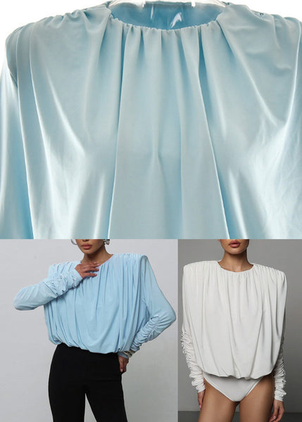 Bodysuit White Wrinkled Patchwork Solid FashionChic