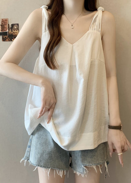 White Summer Neck Solid Wrinkled Cotton V Tank FashionChic