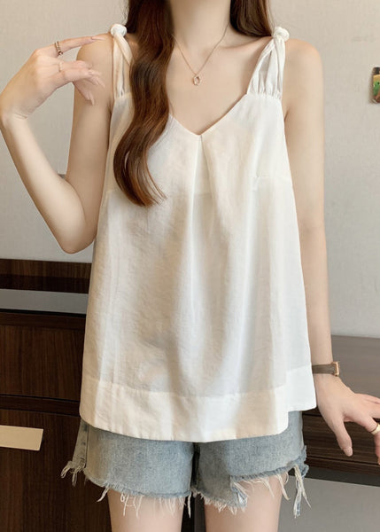 White Summer Neck Solid Wrinkled Cotton V Tank FashionChic
