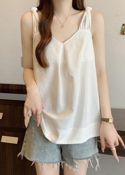 White Summer Neck Solid Wrinkled Cotton V Tank FashionChic