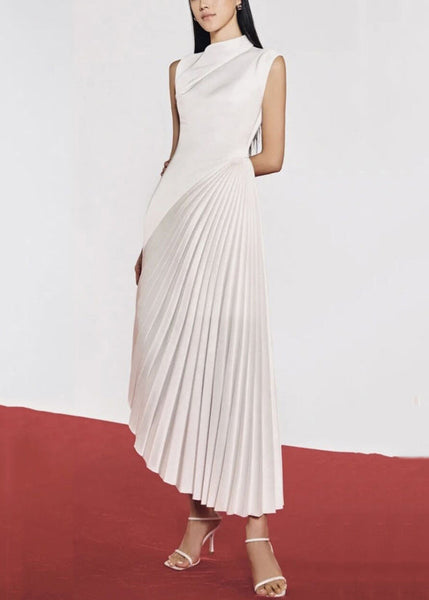 Asymmetrical Wrinkled Silk Solid Dresses Summer White Long FashionChic