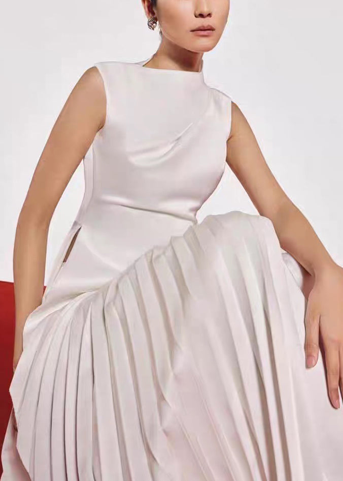 Asymmetrical Wrinkled Silk Solid Dresses Summer White Long FashionChic