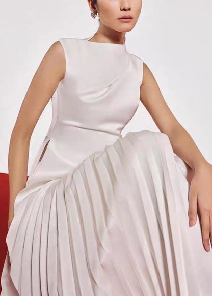 Asymmetrical Wrinkled Silk Solid Dresses Summer White Long FashionChic