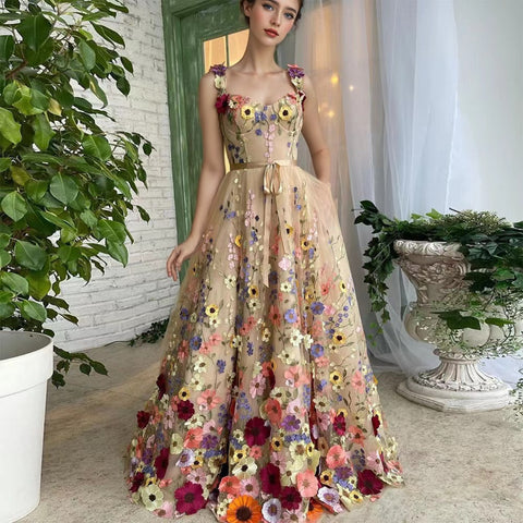 Floral Black Embroidered Lace Up Tulle Dress Sleeveless WW1058 Ada Fashion