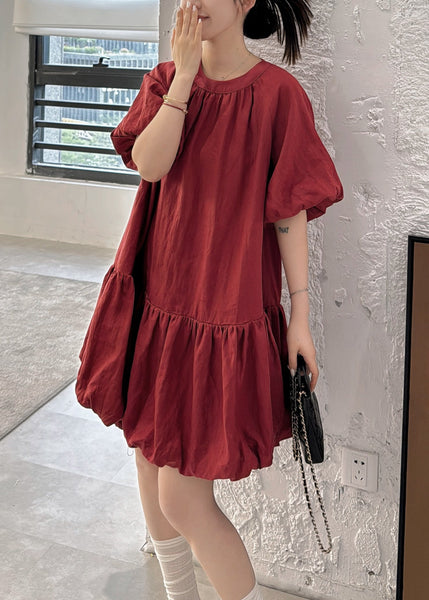 Button Solid Wine O Linen Puff Sleeve Dresses Neck Back Red FashionChic
