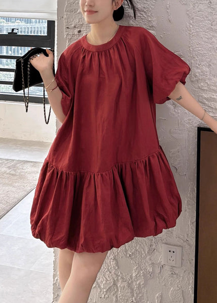 Button Solid Wine O Linen Puff Sleeve Dresses Neck Back Red FashionChic