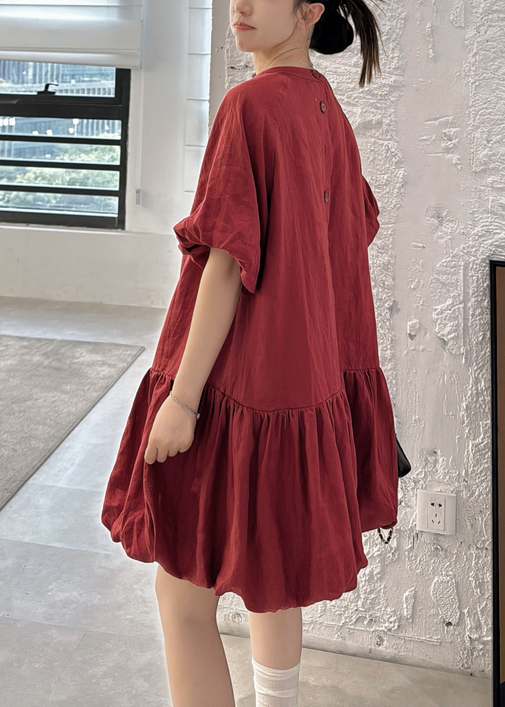 Button Solid Wine O Linen Puff Sleeve Dresses Neck Back Red FashionChic