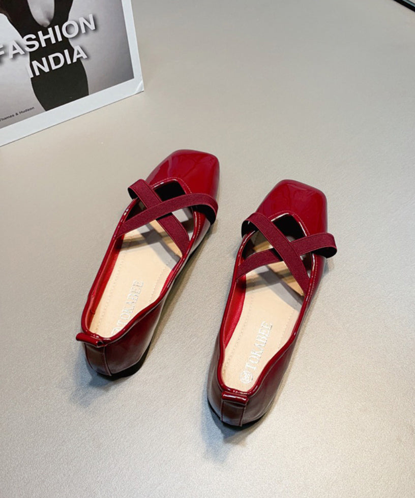 Splicing Women For Wine Shoes Red Flat Cross Leather Strap Faux FashionChic