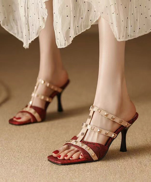 Wine Red Peep Toe High Heel Slippers Stylish Splicing Rivet XC1023 Ada Fashion