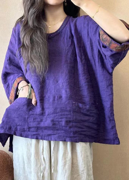 Wine Red Pockets Side Open Linen T Shirts V Neck Spring GG015 MZF-HTP240610