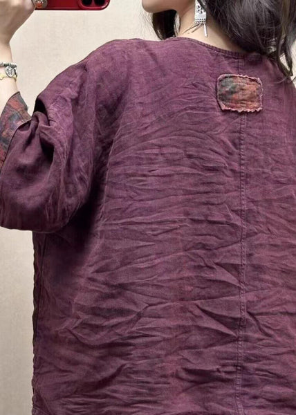 Wine Red Pockets Side Open Linen T Shirts V Neck Spring GG015 MZF-HTP240610