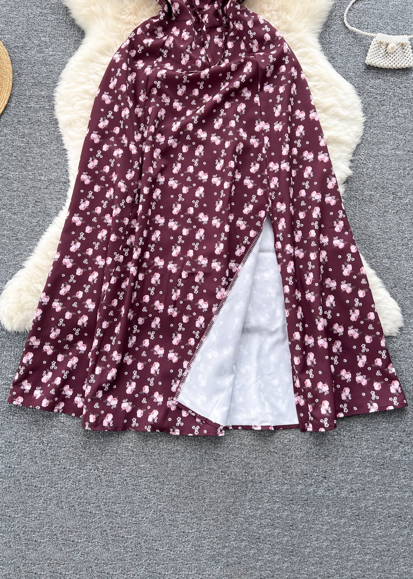 Wine Red Print Cotton Long Dresses Square Collar Short Sleeve TR029 ZS-SDL240730