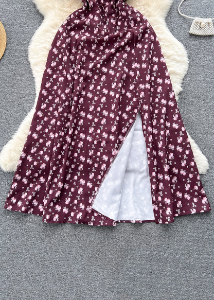 Wine Red Print Cotton Long Dresses Square Collar Short Sleeve TR029 ZS-SDL240730