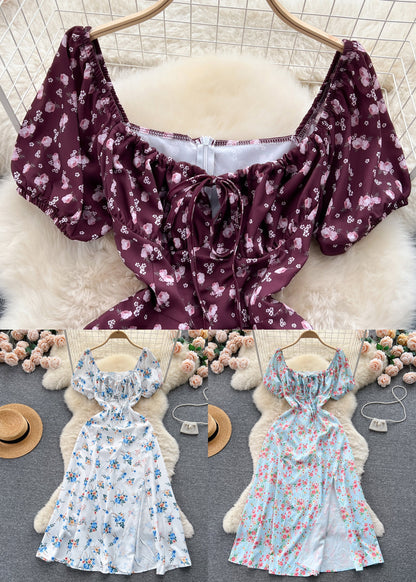 Wine Red Print Cotton Long Dresses Square Collar Short Sleeve TR029 ZS-SDL240730