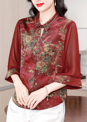 Wine Red Print Silk Blouses Peter Pan Collar Summer OP1069 Ada Fashion