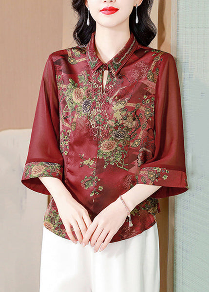 Wine Red Print Silk Blouses Peter Pan Collar Summer OP1069 Ada Fashion