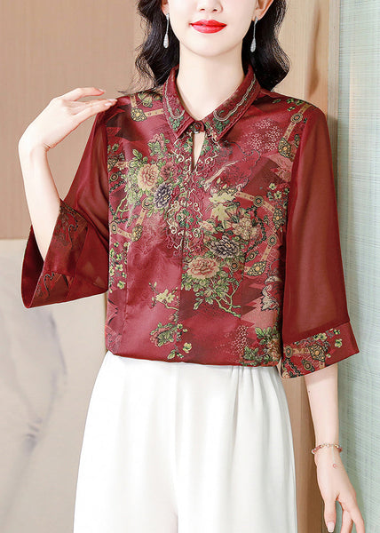 Wine Red Print Silk Blouses Peter Pan Collar Summer OP1069 Ada Fashion