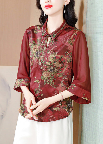 Wine Red Print Silk Blouses Peter Pan Collar Summer OP1069 Ada Fashion