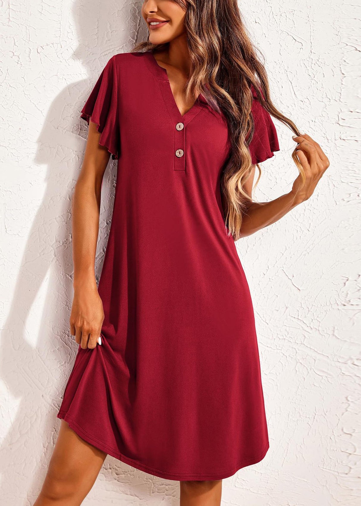 Summer Red Pajamas Neck V Cotton Wine Dresses Solid FashionChic