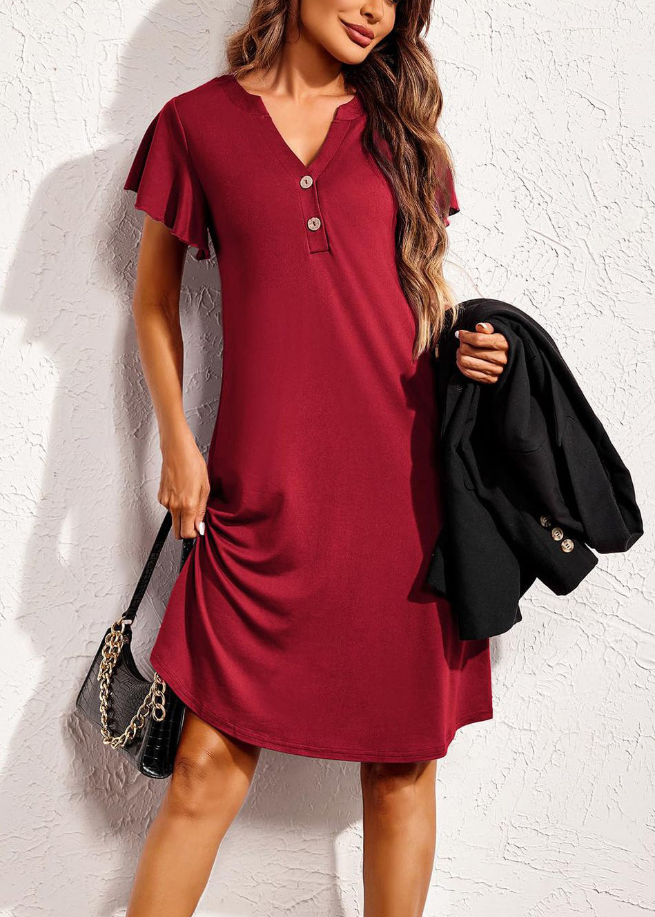 Summer Red Pajamas Neck V Cotton Wine Dresses Solid FashionChic
