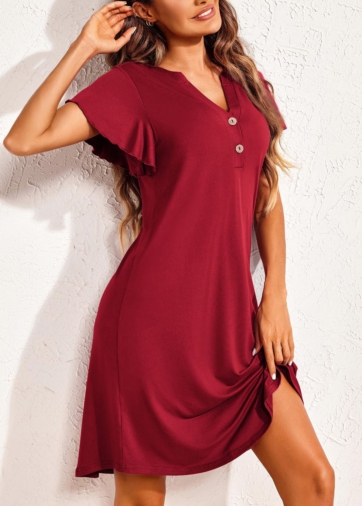 Summer Red Pajamas Neck V Cotton Wine Dresses Solid FashionChic