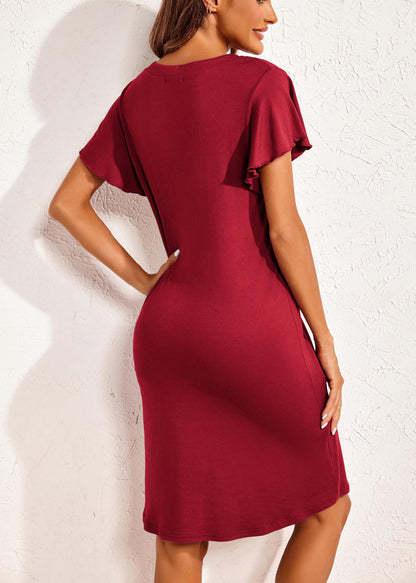 Summer Red Pajamas Neck V Cotton Wine Dresses Solid FashionChic