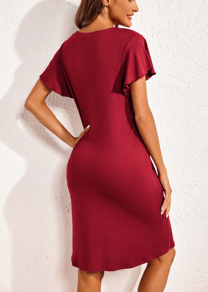 Summer Red Pajamas Neck V Cotton Wine Dresses Solid FashionChic