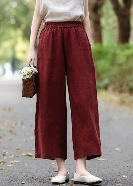 Pants Elastic Summer Waist Linen Crop Wine Solid Red FashionChic