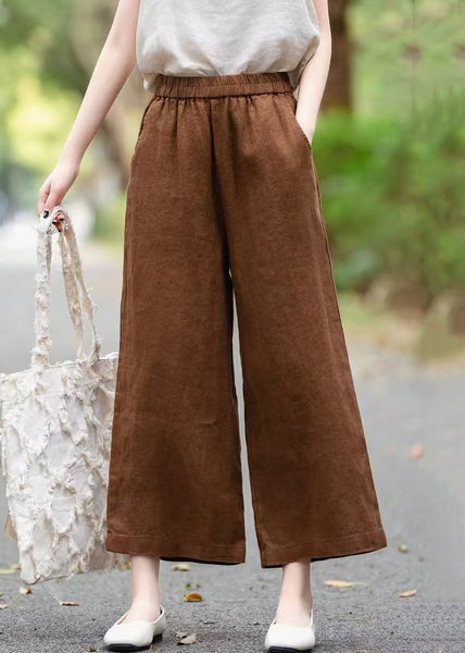 Pants Elastic Summer Waist Linen Crop Wine Solid Red FashionChic