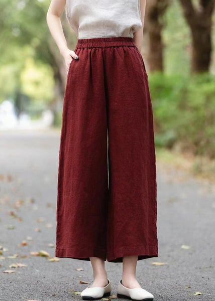 Pants Elastic Summer Waist Linen Crop Wine Solid Red FashionChic