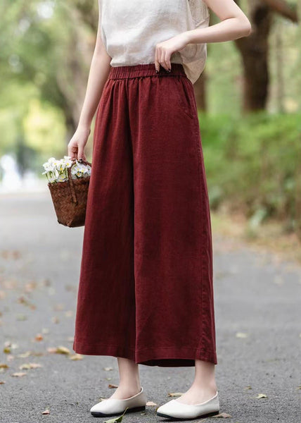Pants Elastic Summer Waist Linen Crop Wine Solid Red FashionChic